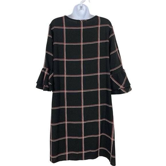 Ces Femme Womens Black & Pink Plaid Bell Sleeve Relaxed Fit Shift Dress Large - Picture 5 of 11